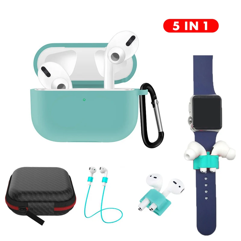 Футляр для наушников ремешок 5 в 1 защитный чехол на для Airpods Pro силиконовый чехол для аирподс про 3 про чехол наушников силиконовый для air pods 3 pro чехол на airpods pro Аксессуары для аирподс 3 хранения коробок - Цвет: Green