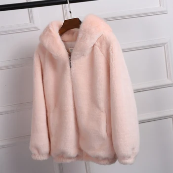 

Lucyever Winter Fashion Plush Thick Hooded Women Faux Fur Coat Imitation Mink Short Faux Fur Coat Woman Casual Pink Ladies Tops