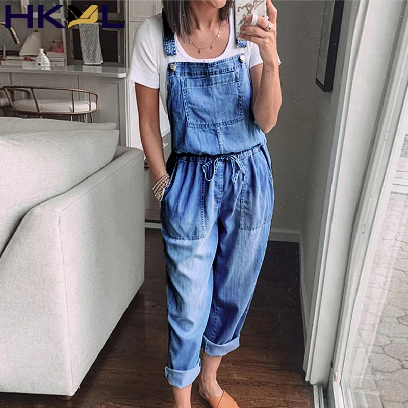 Summer Sleeveless Lace-up Pockets Rompers 3XL Elegant Playsuit Overalls Casual Women 2021 Fashion Adjusted Straps Denim Jumpsuit |