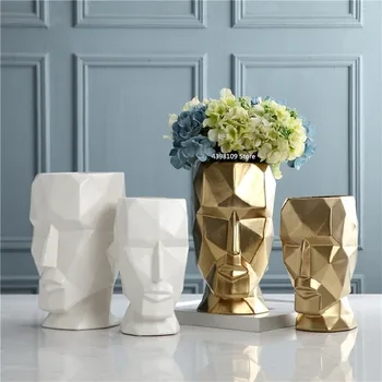 

Creative Human Face Statue Vase Decoration Nordic Geometry Golden Ceramic Large Vase Modern Living Room Desktop Decorative Vase