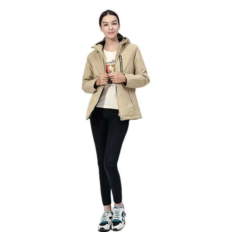 Women Khaki Женская Мужская зимняя куртка с USB подогревом водонепроницаемая ветрозащитная Светоотражающая куртка с капюшоном - Цвет: Women Khaki