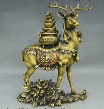 

10 China Brass Wealth wapiti Deer carry treasure bowl Coin yuanbao Flower statue