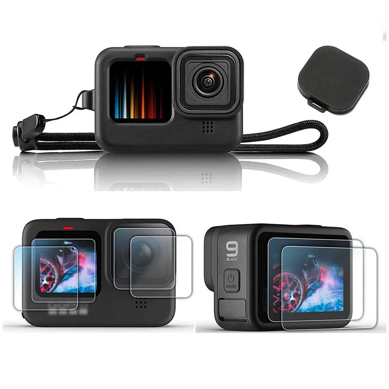 Action Camera Protective Accessories Kit for Gopro Hero 9 Black Rubber Soft Case Tempered Glass Lens Screen Protector Lanyard