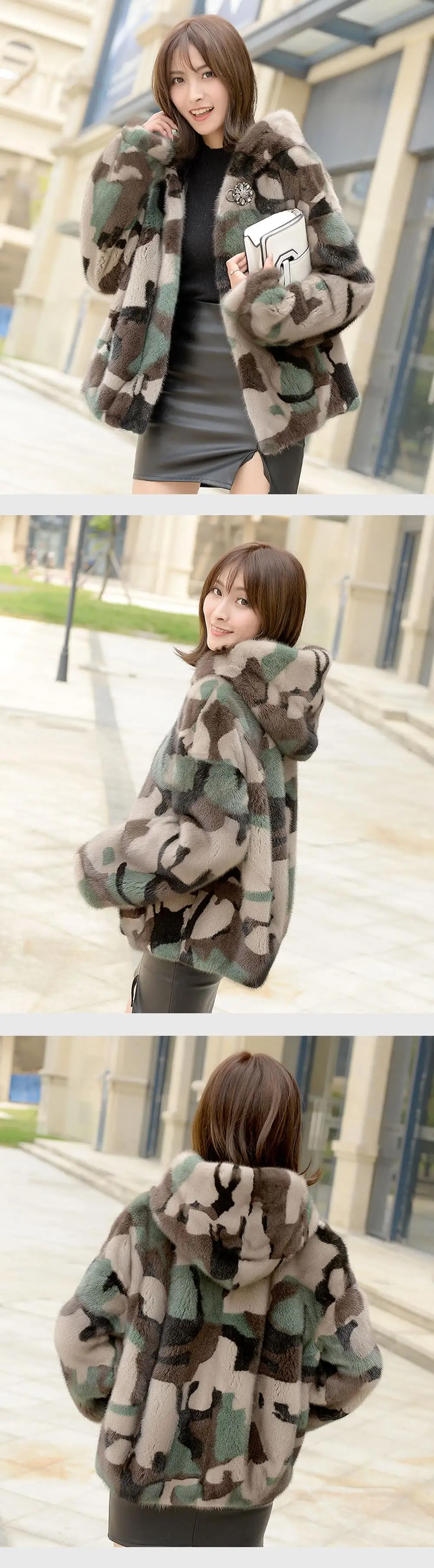 New design lady Camouflage color real mink fur jacket hooded pocket street arm women genuine mink fur outerwear full pelt