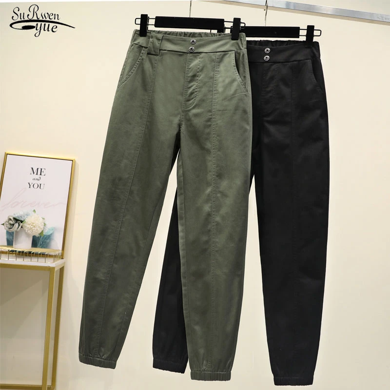 High Waist Plus Size Casual Loose Broadcloth Elastic Waist Ankle-length Army Green Black Trousers Women Cargo Pants Women 11701 capri sweatpants