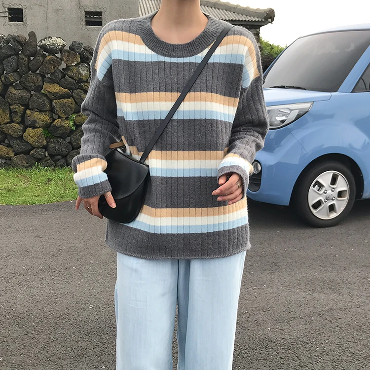 

New Spring Winter Pullovers Women Sweater Knitting Loose top Fashionable Korean Style Striped Casual Tops CF013