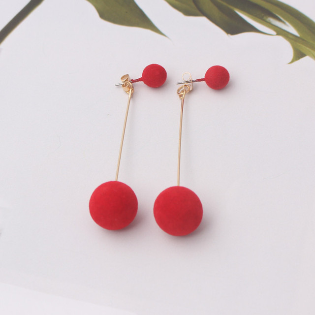 Red Black Plush Ball Drop Earrings For Women Korean Velvet Round Long Tassel Dangle Earrings Statement Jewelry