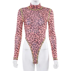 2022new 2022 mulheres primavera verão macacão leopardo impressão gola alta manga longa retalhos collants magro sexy club wear senhoras
