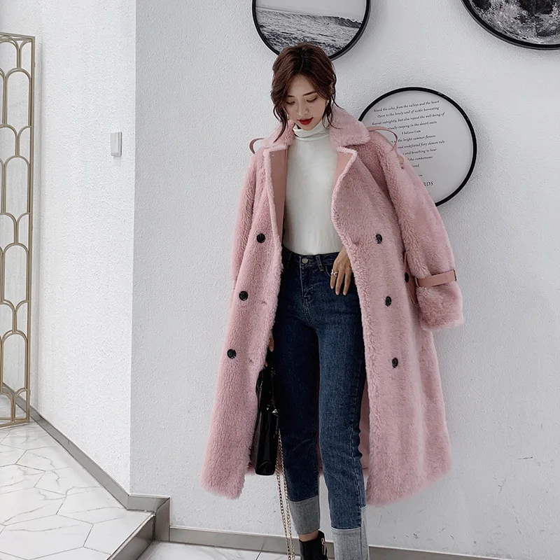 

winter coat with natural fur, long jacket, sheep shearing, wool, fur coats and jackets, women's Korean clothing