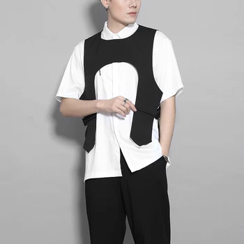 

Trendy men's summer high street personality ribbon stitching locomotive wind tooling vest men's shawl vest singer costumes