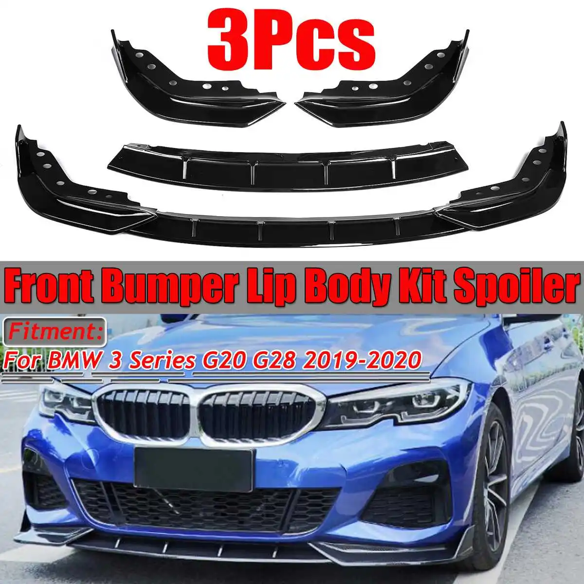 

3PCS Carbon Fiber Look/ Black Car Front Bumper Splitter Lip Spoiler Cover Diffuser Body Kit For BMW 3 Series G20 G28 2019 2020