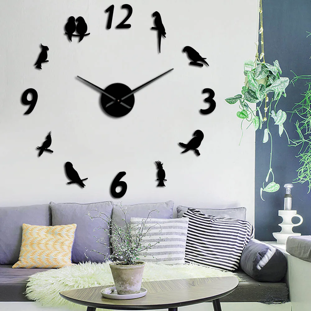 Parrot Acrylic Mirror Wall Stickers Cockatoo DIY Big Wall Clock Tropical Bird Art Ornithology Home Decor Hanging Watch
