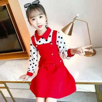 

Girls Dress Spring Autumn Dot Suspender Dress Girls Princess Turn-Down Collar Button Design Dresses Baby Girls Clothes for 4-13Y