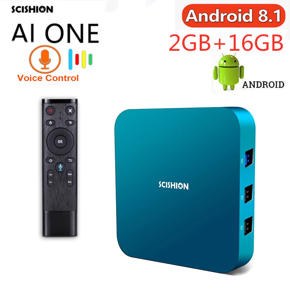 SCISHION AI One Android 8,1 Smart tv Box Rockchip 3328 2GB+ 16GB 2,4G WiFi USB3.0 BT4.0 телеприставка с голосовым управлением