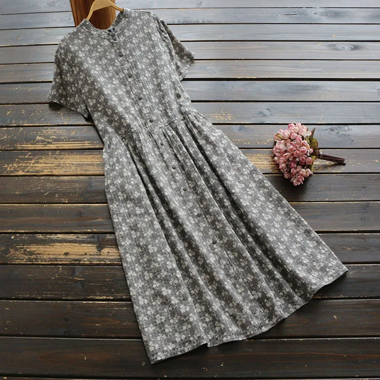 

6525 Mori Girl Summer Women Literary floral Print Dress Japan Style Linen O-Neck Short Sleeve Loose A-line Long Dress