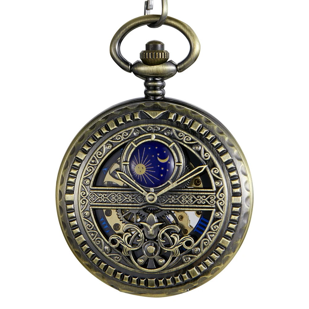 Hand-WInd Mechanical Pocket Watch Vintage Hollow Blue Moon Star Steampunk Skeleton Watch Roman Numerals Clock With Fob Chain