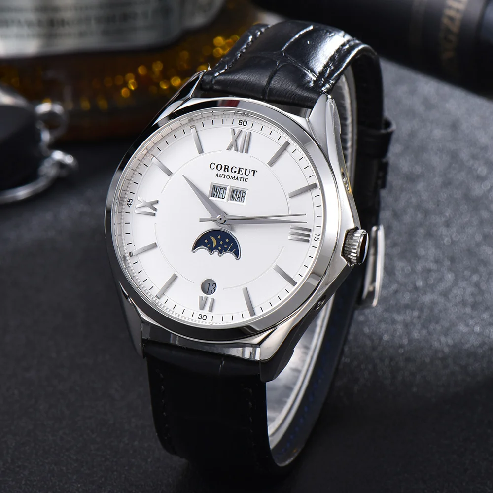  Corgeut 41mm Automatic Movement Men Watch Luxury Brand Moon Phase Date Month Waterproof Leather Str