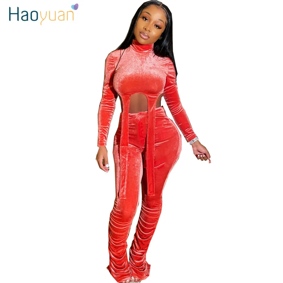 

HAOYUAN Velvet Two Piece Set Women Rave Festival Clothing Crop Top and Pant Suit Cute 2 Piece Matching Sets Fall Winter Outfits