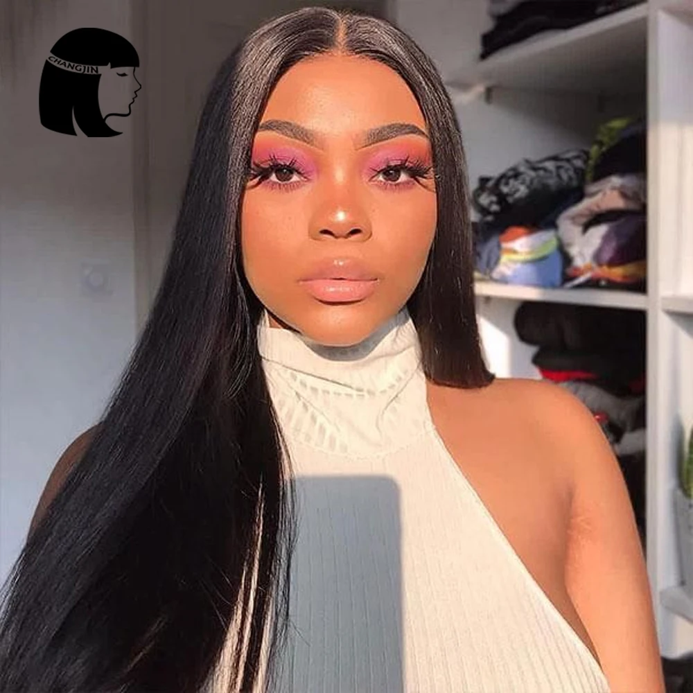 Chang Jin Natural Color Yaki Straight V Part Lace Wigs Pre Plucked Remy Hair Lace Human Hair Wigs Black Color For Women