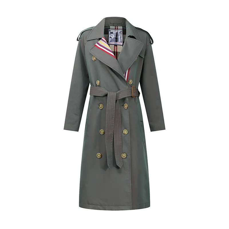 

Colored Stripe Double-breasted Windbreaker Women High Street Fashion Slim Sashes Office Lady Long Trench Coat Overcoat Outerwear