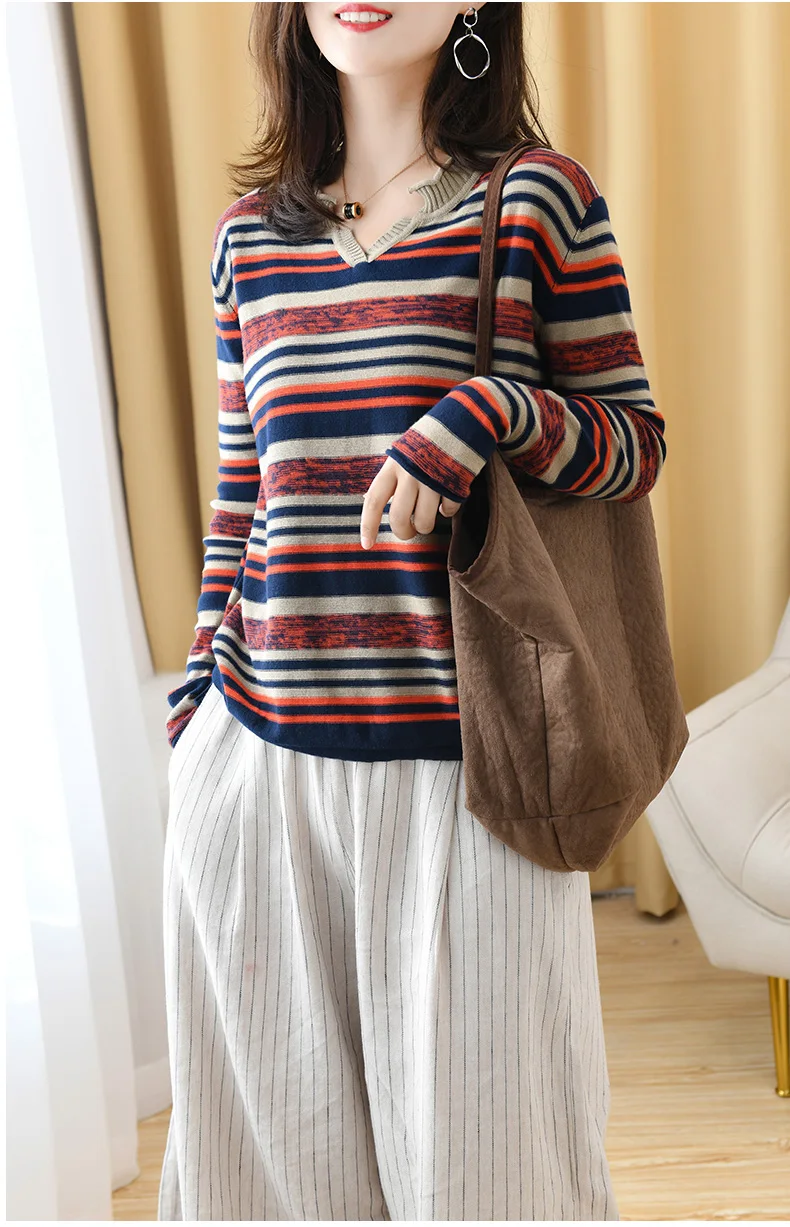 ATTYYWS женский свитер с длинными рукавами и v-образным вырезом осенний пуловер с цветными блоками в полоску Свободный шерстяной свитер Короткий кружевной свитер