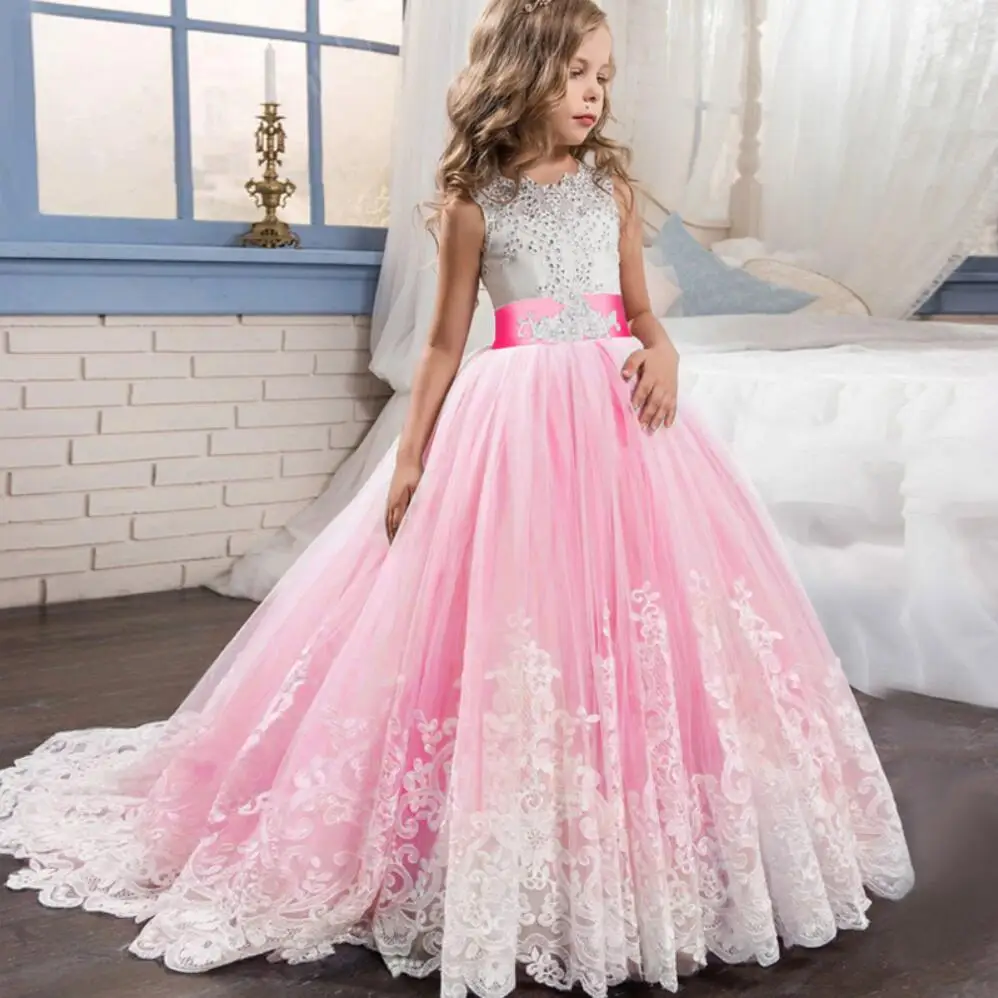 Кружевное детское свадебное платье с цветочным узором для девочек вечерние белые платья принцессы Детская праздничная одежда для девочек-подростков 6, 8, 10, 12 лет