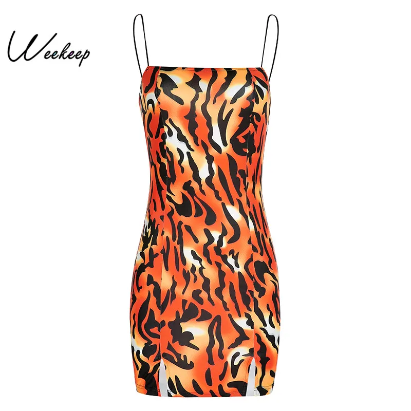 

Weekeep Leopard Printed Spaghetti Strap Dress Women Summer Sexy Backless Mini Dresses Women