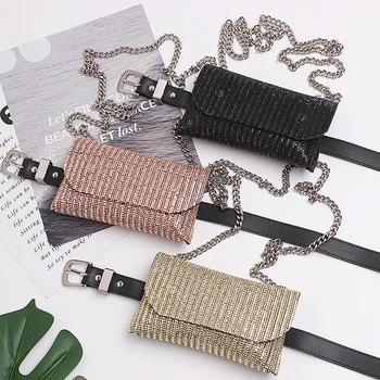 

2020 Black Gold Bling Rhinestone Fanny Packs Women Detachable Plus Size PU Waist Belt Phone Purse Bag Street Chain Crossbody Bag