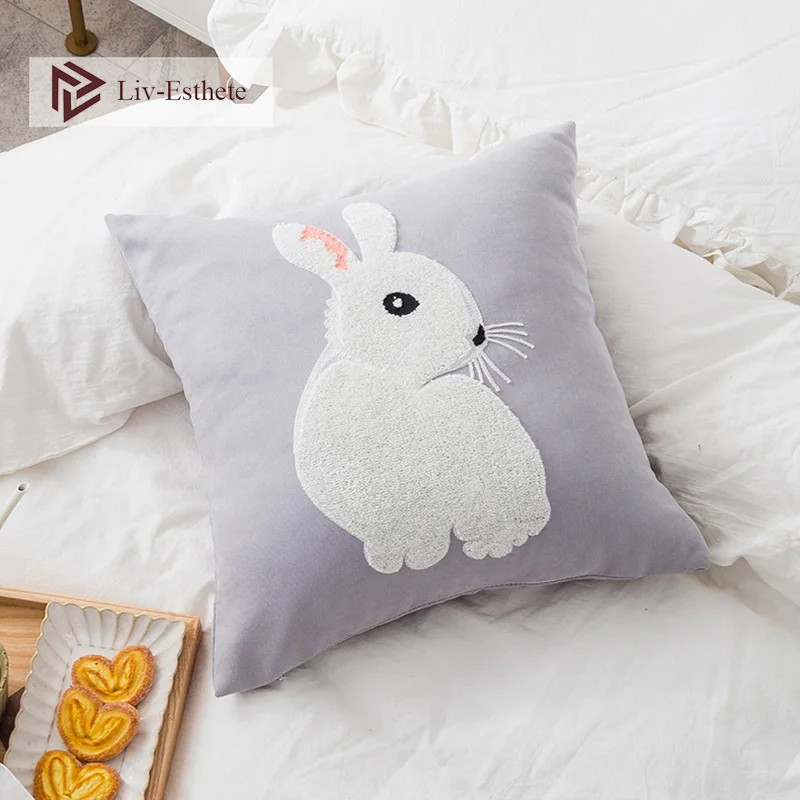 Liv-Esthete Cute Rabbit Gray Decorative Cushion Covers Embroidery Square Pillow Cover For Sofa Bed Car Home 45x45cm | Дом и сад