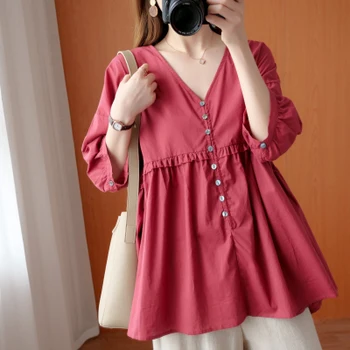

2020 Summer New Women Cotton And Linen Loose Top Tshirt V-neck Yellow Button Casual Oversize Korean Blouse Shirts