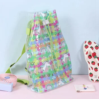 

1 PC PVC Transparent Unicorn Backpack Girls Bundle School Bag Cute Candy Color Double Shoulder College Bag Handbag Women Summer