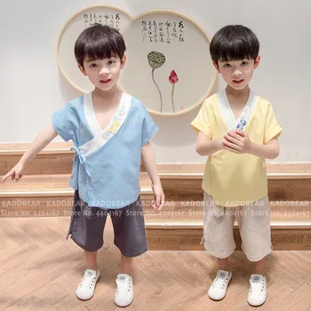 

Baby Boy Chinese Traditional Embroidery Tang Suit Hanfu Pajamas Set Kids Children Japanese Kimono Haori Robes Summer Tops Shorts