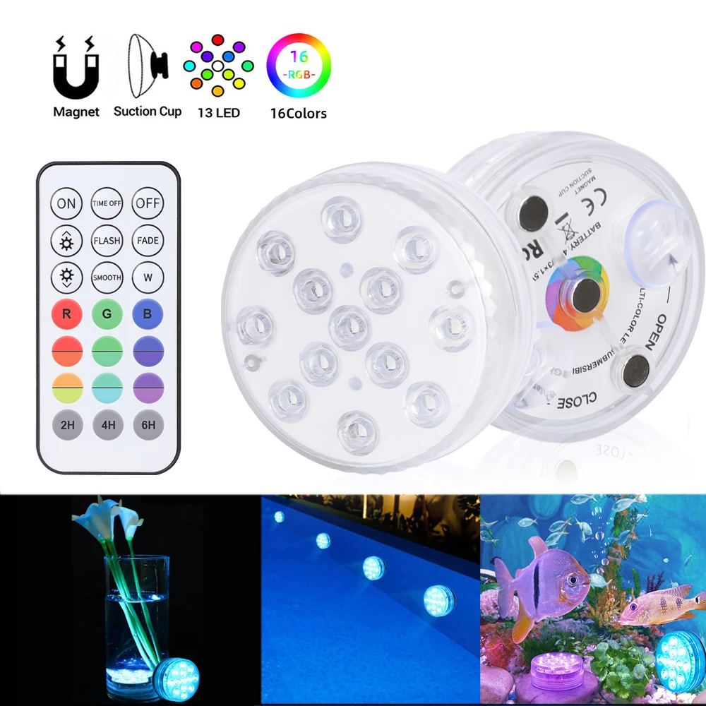 

13 Led Remote Control 16 color RGB Submersible Light IP68 Battery Operated Underwater Night Lamp Outdoor Vase Bowl Garden Party