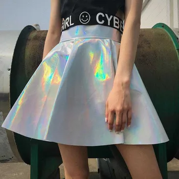 

NiceMix 2020 New summer Skirts Women PU Harajuku fashion Casual Hight Waist Rainbow Skirts Women