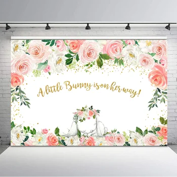 

Cute Sleeping Rabbit 1st Birthday Backdrop Pink Flowers Golden Dots Photography Background Baby Shower Decorations Supplies
