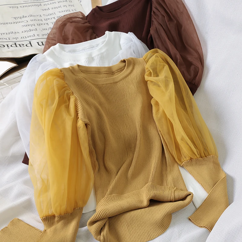 

2019 new fashion women's Round Neck Knitting patchwork Mesh Puff Sleeve Slim Thin Knit shirt 7343