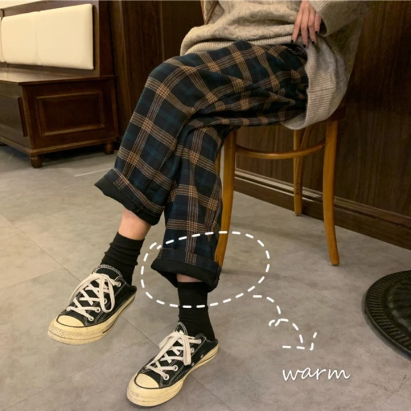 Winter New Plaid Pants Female Loose Straight Warm Women Casual Joggers Trousers Ladies Fashion Wide Leg Checkered | Женская одежда