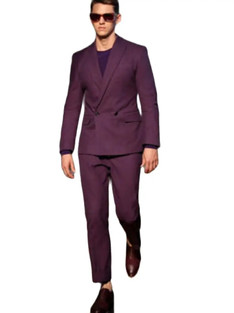 

Dark Purple 2Pc Men's Suits Coat Jacket Pants for Wedding Custom Made Peak Lapel Suits Tailored Party Male Suits Blazer Trousers