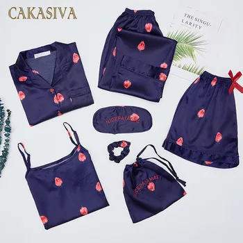 

Women 7 Pieces Pajamas Sets Stain Faux Silk Pajamas Women Sleepwear Sets Autumn Winter Tops+Shorts+Shirt+Pants