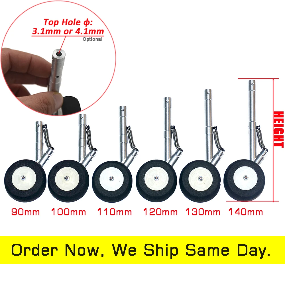Top Hole 3.1/4.1mm CNC Aluminum Retractable Spring Landing Gear Height 90mm-140mm with 45mm Spomge Wheel For Fixed RC Airplane
