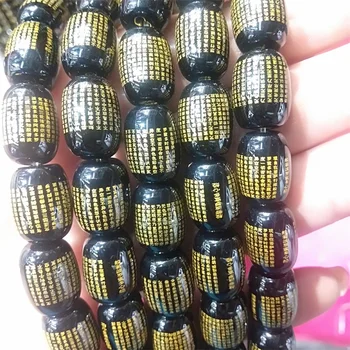 

10*14mm black golden lettering agat stone Natural Black Onyx Smooth Barrel Loose Beads DIY Jewelry Making Necklace Bracelet