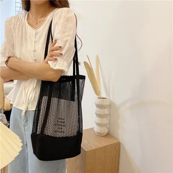 

Fashion Large Capacity Canvas Bag Women's Bag Single Shoulder Shopping Bag Light Portable Mesh Hollow Beach Bag Convenient 2020