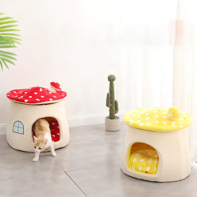 

Polka Dot Small Mushroom Pet Kitten House Dog Cat House Puppy Kennel Doggy Bed Foldable Basket Cute Animal Cave Pet Products