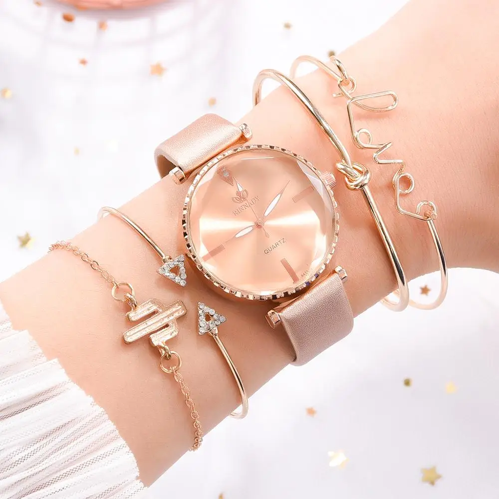 5pcs Set Top Style Fashion Women's Watch Luxury Leather Band Analog Quartz WristWatch Ladies Watch Women Dress Relogio Mujer