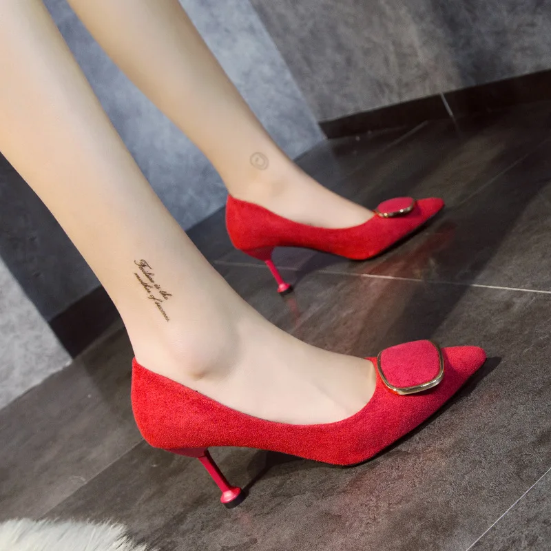 

Korean-style Spool Heels Pointed Shallow Mouth Shoes Women's Suede Fashion High Heel Shoes Women's Metal Square Buckle Four Seas