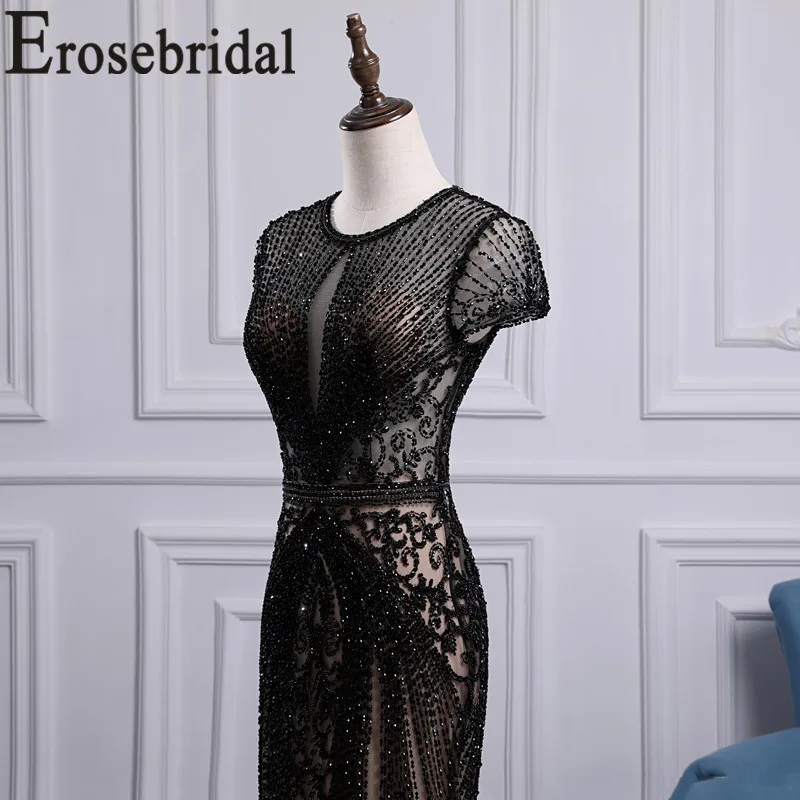 Erosebridal, Черное вечернее платье для женщин, платье со шлейфом, роскошное, расшитое бисером, элегантное, с круглым вырезом, иллюзия тела, официальное платье, вечернее платье