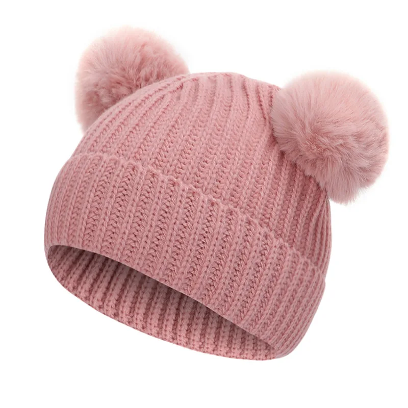 Pink-1 Новинка, 2 предмета, зимняя шапка, шарф, меховая шапка для малышей, шапка, хлопковый помпон, помпон, вязаная теплая шапка, Детская меховая шапка, комплект, шапка - Цвет: Pink-1