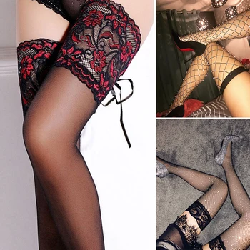 

Fashion Sexy Lingerie Fishnet Stocking Wide Lace Flower Transparent Stocking Sexy Legs Long Tube High Tube Thigh Stocking 2020