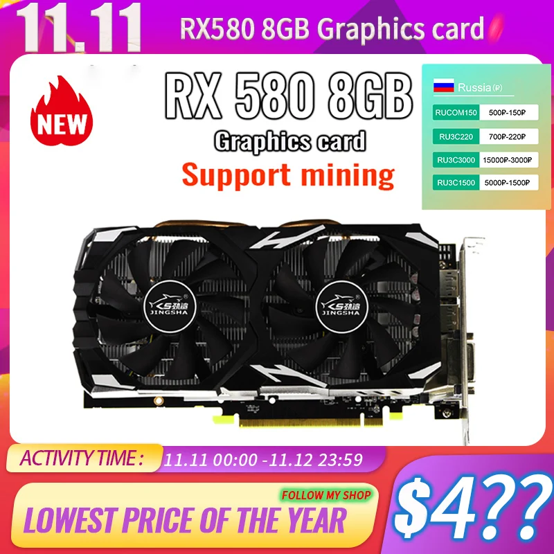 JINGSHA 100% new Original Radeon RX 580 8GB Video Card RX580 graphics cards Mining non Gtx 960 1050 ti Rtx 2060 placa graphics