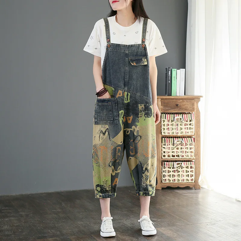 

Vintage Printing Denim Jumpsuit Women Summer 2021 Casual Hole Loose Denim Overalls for Women Sweet Suspenders Combinaison Femme